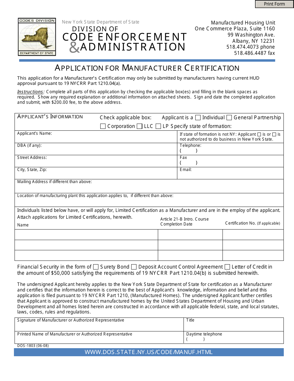 Form DOS-1803 Application for Manufacturer Certification - New York, Page 1