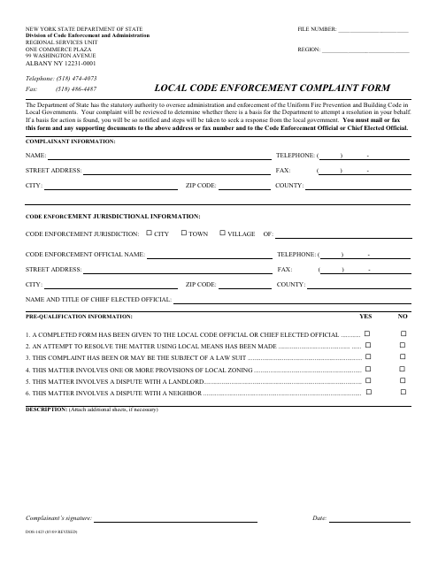 Form DOS-1423 Local Code Enforcement Complaint Form - New York