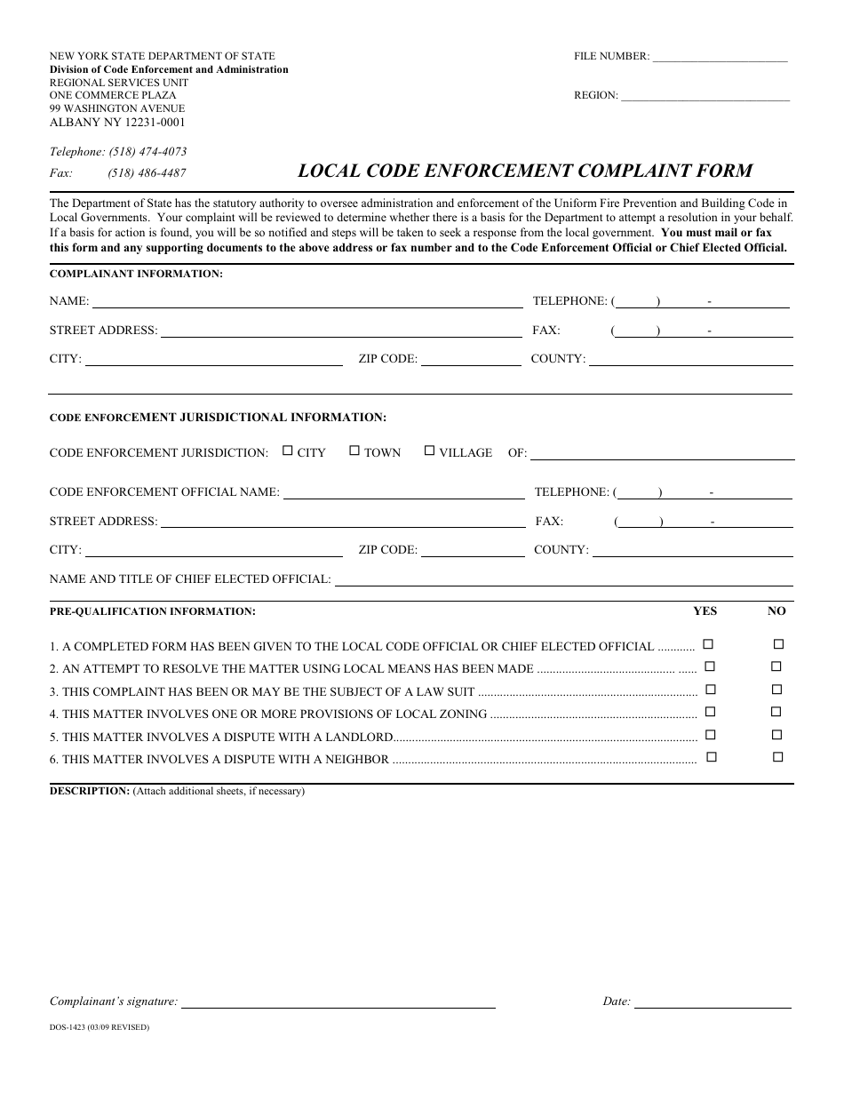 Form DOS-1423 Local Code Enforcement Complaint Form - New York, Page 1