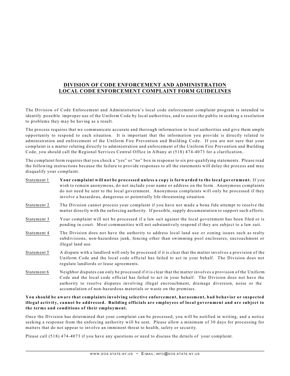 Form DOS-1423 Local Code Enforcement Complaint Form - New York, Page 2