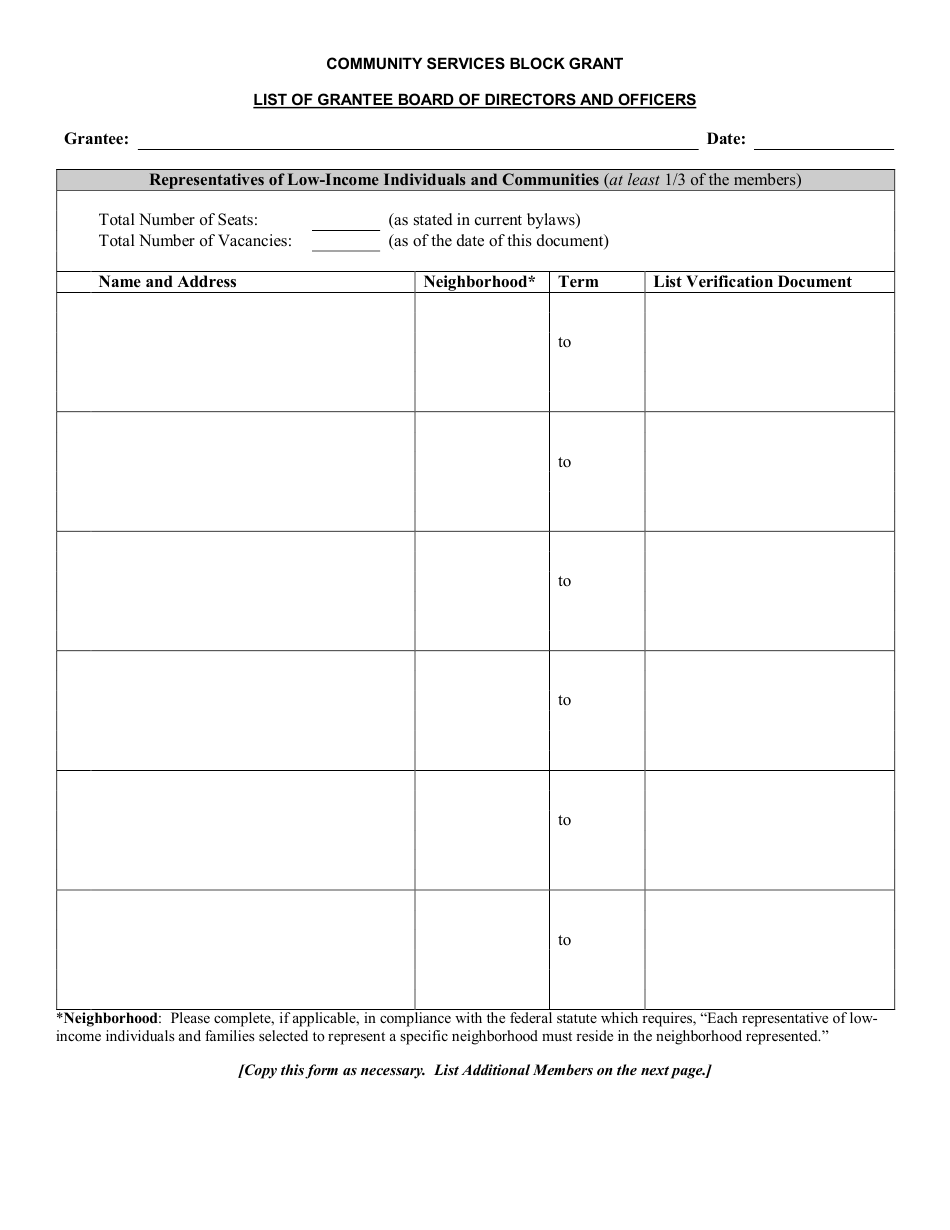 Form DOS-1255 Community Services Block Grant List of Grantee Board of Directors and Officers - New York, Page 2