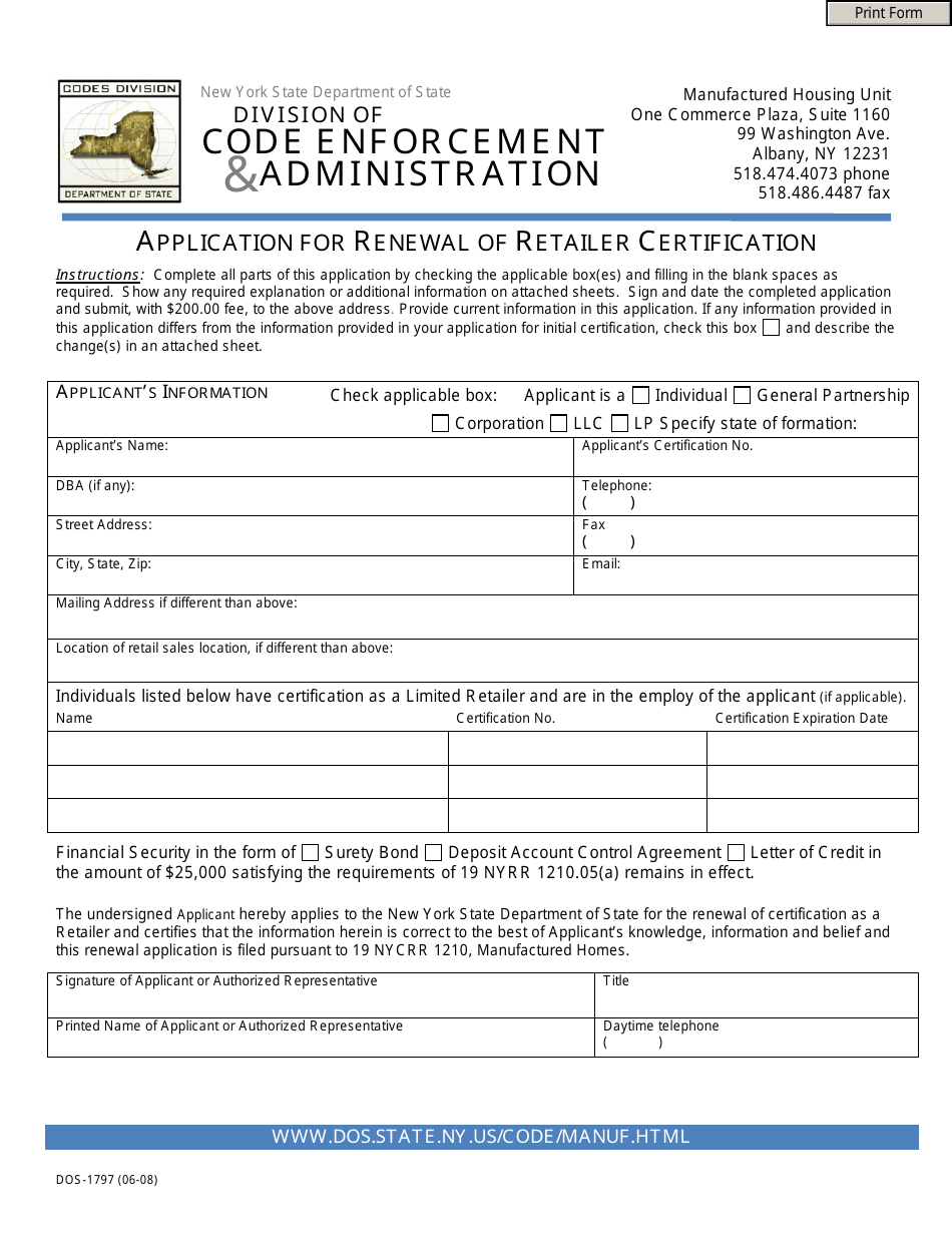 Form DOS-1797 Application for Renewal of Retailer Certification - New York, Page 1