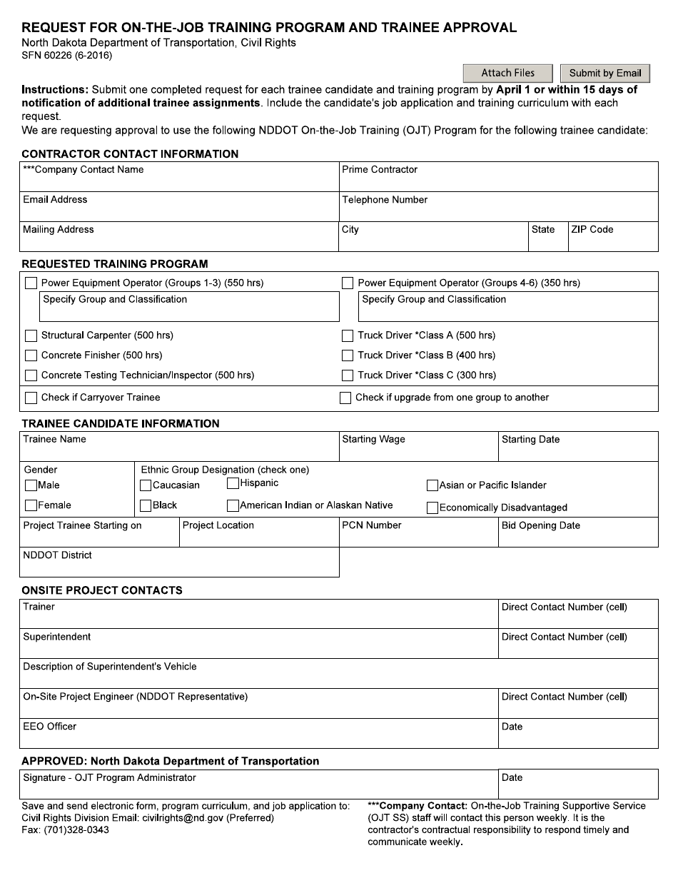 Form SFN60226 Request for on-The-Job Trainee Approval - North Dakota, Page 1