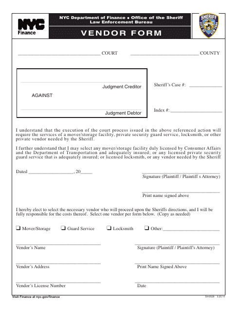 Form SH-0529 Vendor Form - New York City