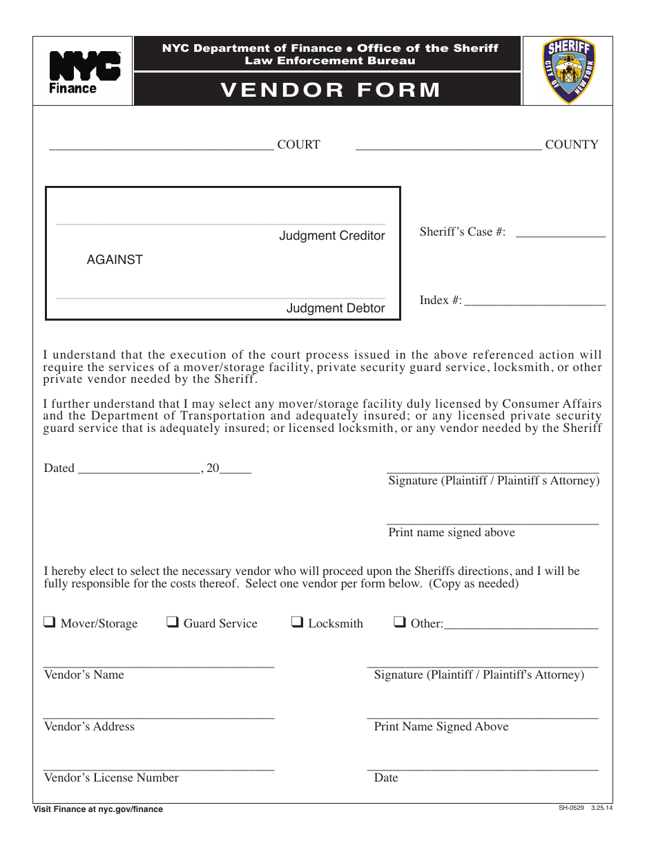 Form SH-0529 Vendor Form - New York City, Page 1