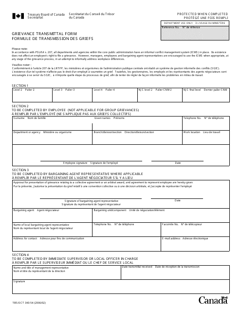 Form TBS/SCT340-54 Grievance Transmittal Form - Canada (English/French)