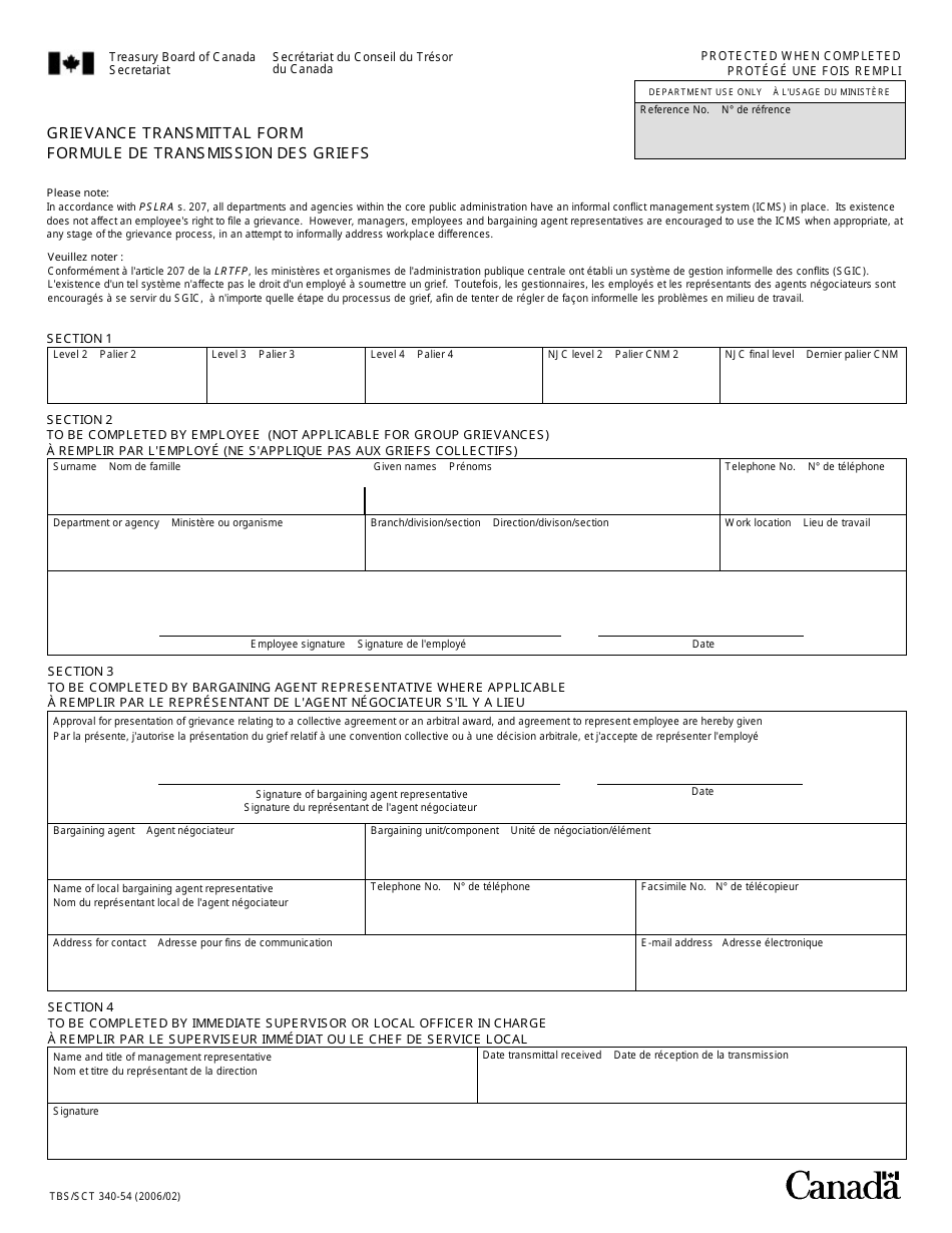 Form TBS / SCT340-54 Grievance Transmittal Form - Canada (English / French), Page 1