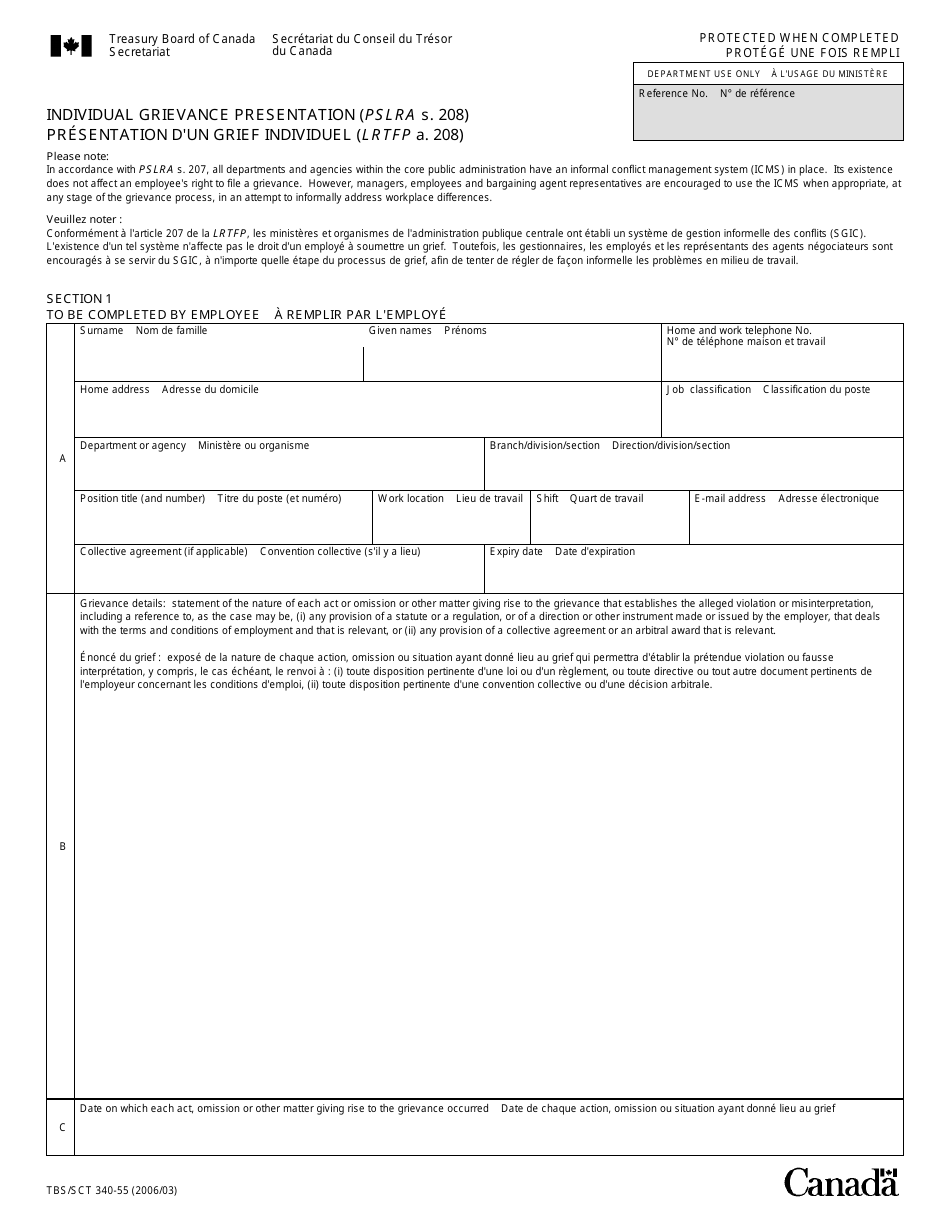 Form TBS / SCT340-55 Individual Grievance Presentation (Pslra S. 208) - Canada (English / French), Page 1