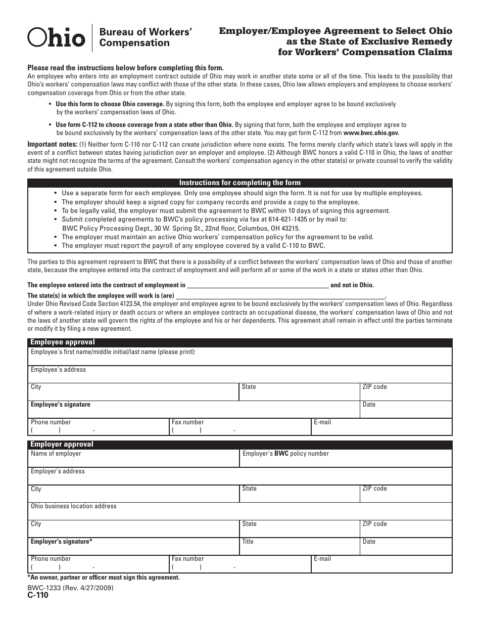 Form C-110 (BWC-1233) Employer / Employee Agreement to Select Ohio as the State of Exclusive Remedy for Workers Compensation Claims - Ohio, Page 1