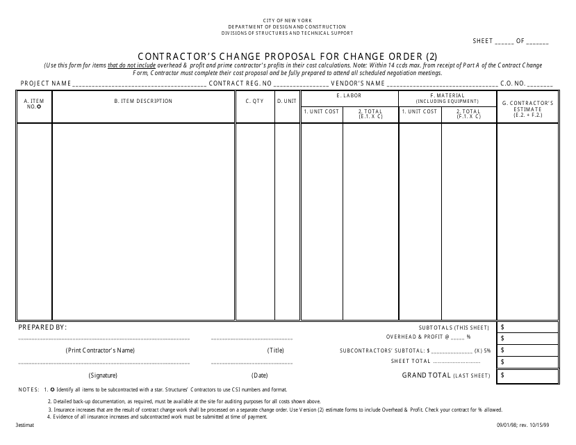 Contractor's Cost Proposal for Change Order Excluding Overhead & Profit (Public Buildings and Tech Support) - New York City