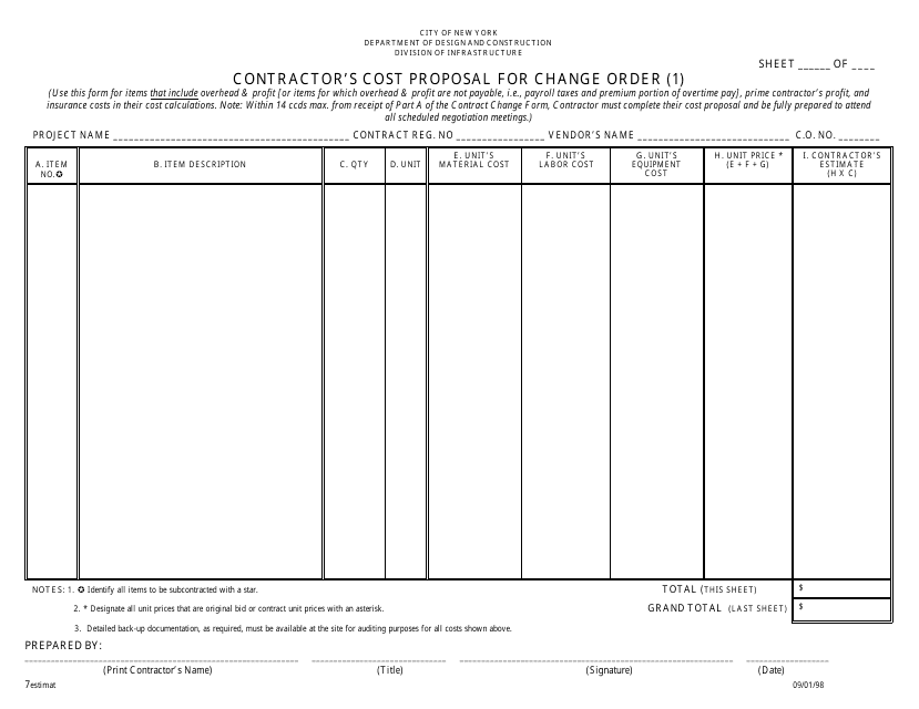 Contractor's Cost Proposal for Change Order Including Overhead & Profit (Infrastructure) - New York City Download Pdf