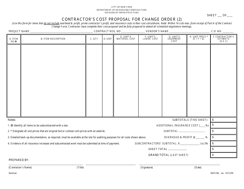 "Contractor's Cost Proposal for Change Order Excluding Overhead & Profit (Infrastructure)" - New York City Download Pdf