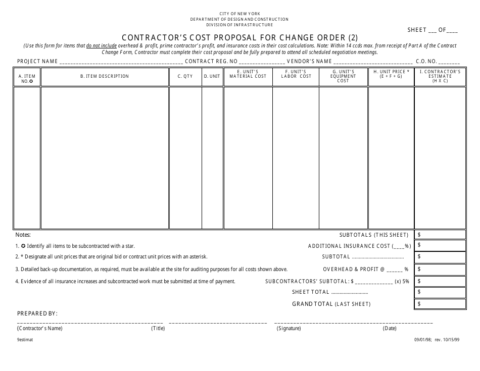 Contractors Cost Proposal for Change Order Excluding Overhead  Profit (Infrastructure) - New York City, Page 1