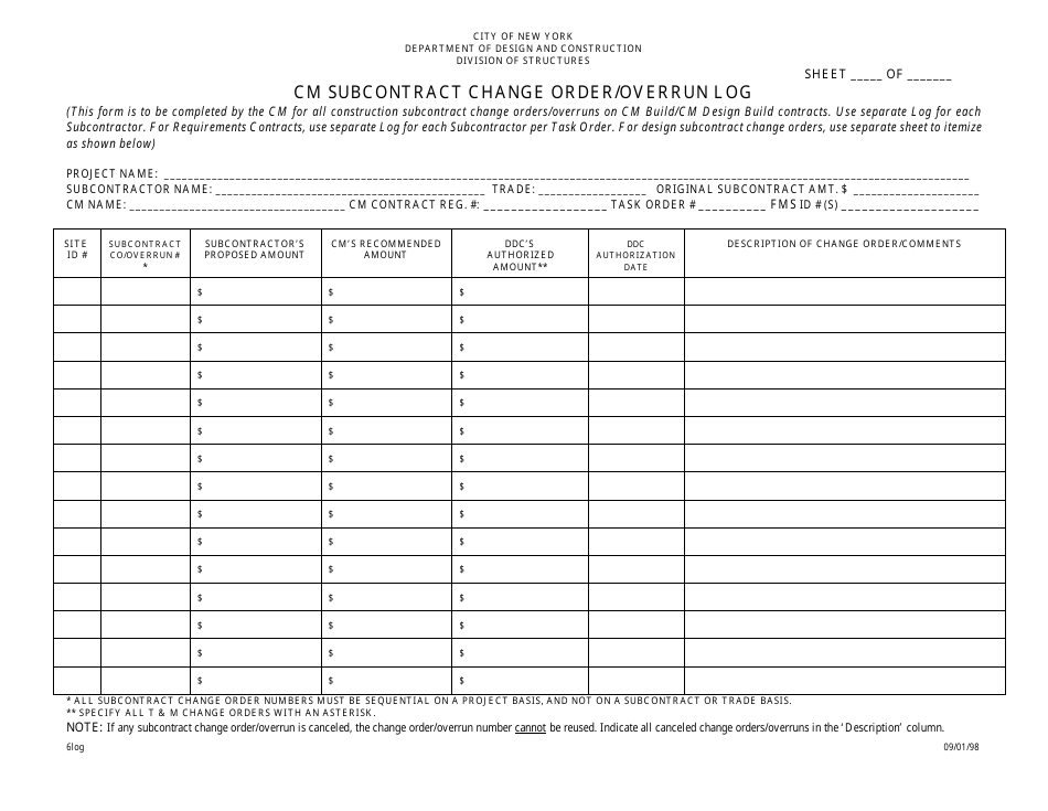 Cm Subcontract Change Order / Overrun Log - New York City, Page 1