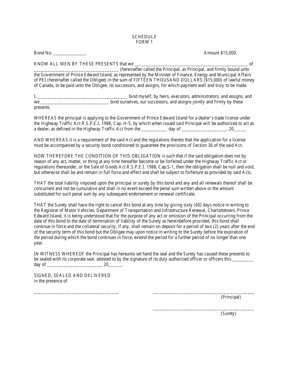 Form 1 Security Bond Form for Vehicle Dealer Licence - Prince Edward Island, Canada, Page 1