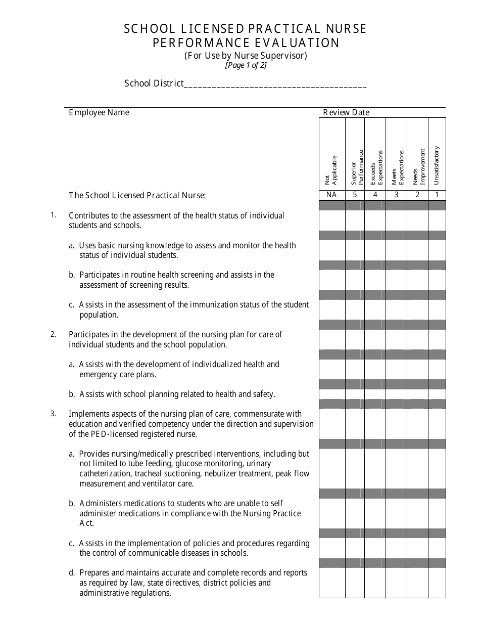 School Licensed Practical Nurse Performance Evaluation - New Mexico, Page 1