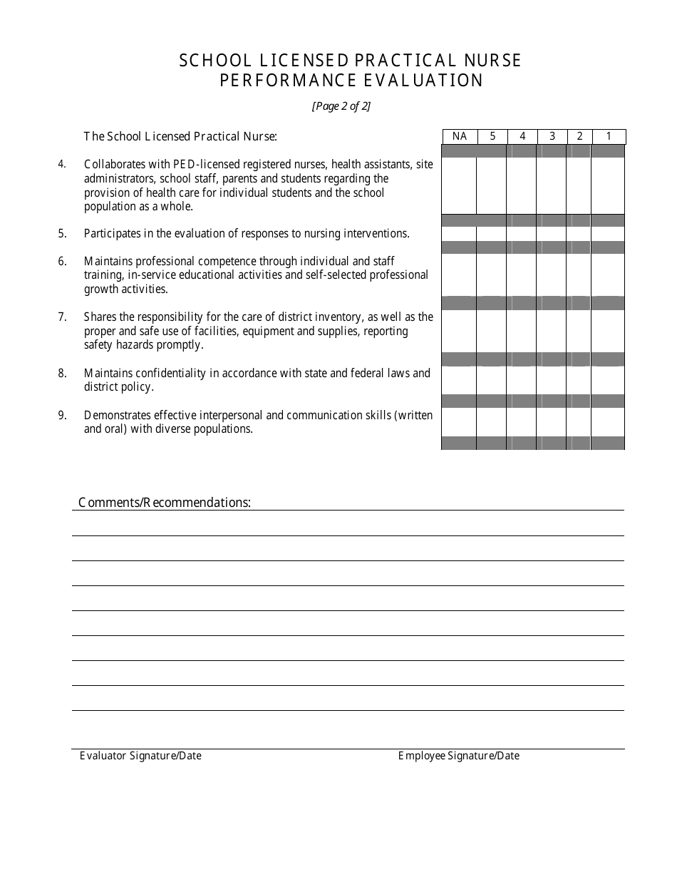 School Licensed Practical Nurse Performance Evaluation - New Mexico, Page 2