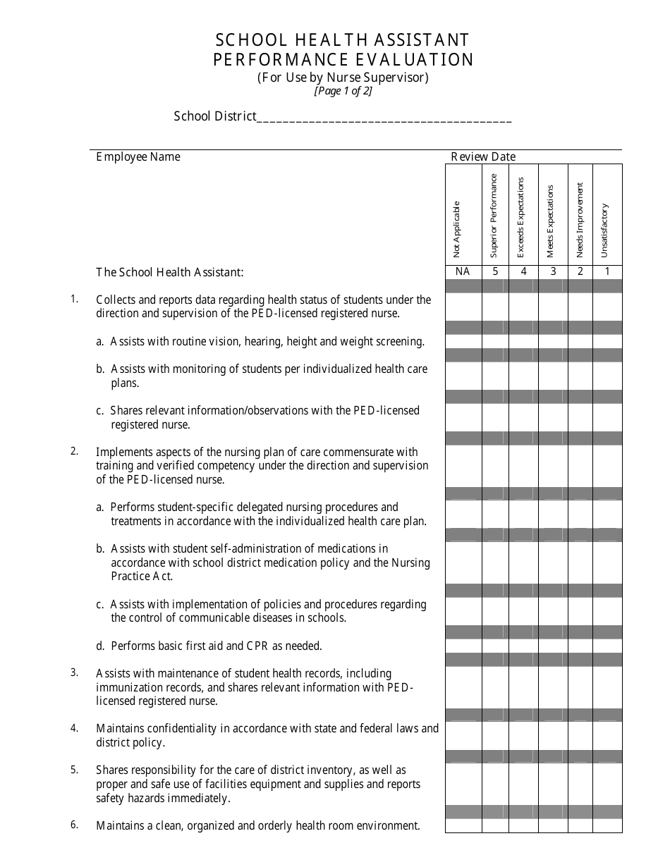 School Health Assistant Performance Evaluation - New Mexico, Page 1