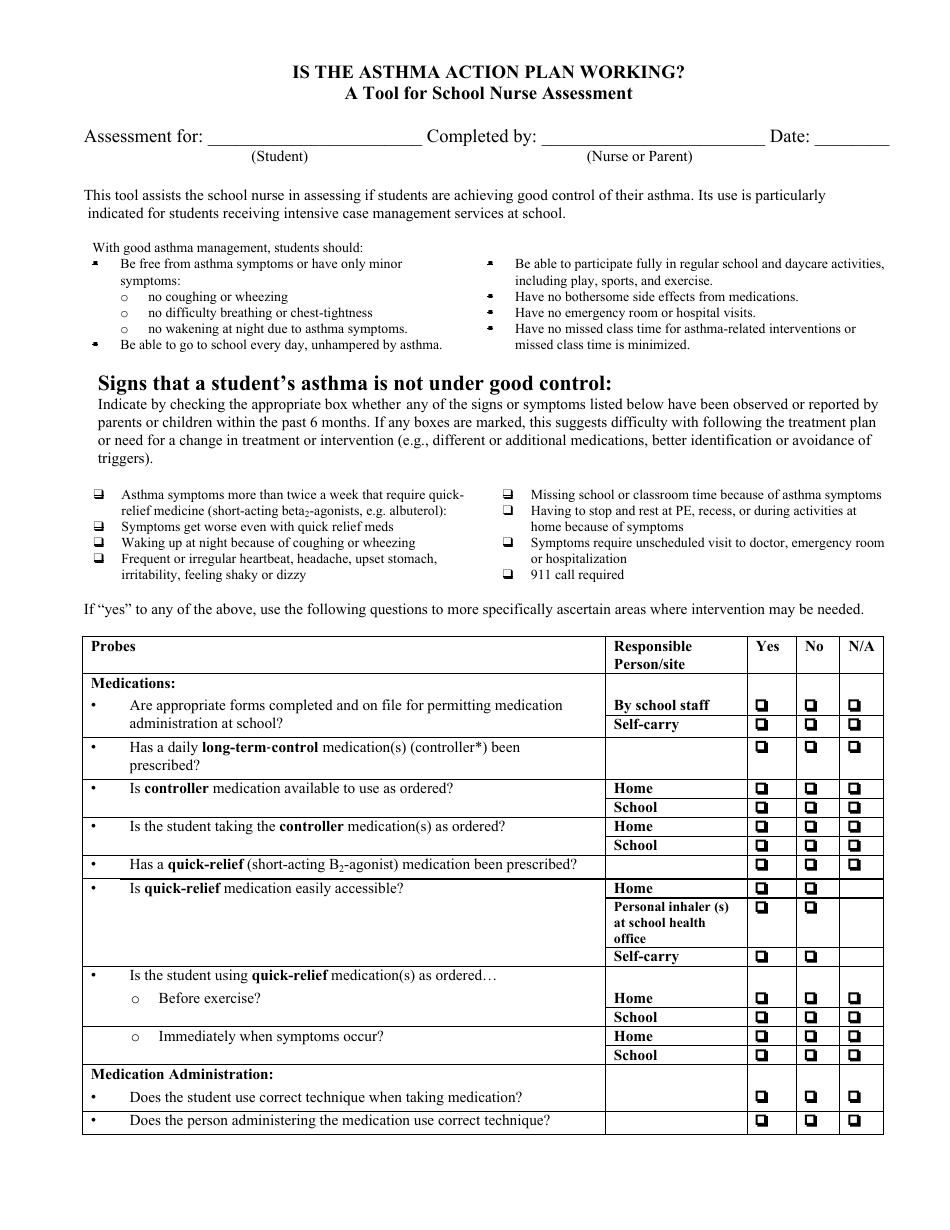 School Nurse Asthma Assessment Tool - New Mexico, Page 1