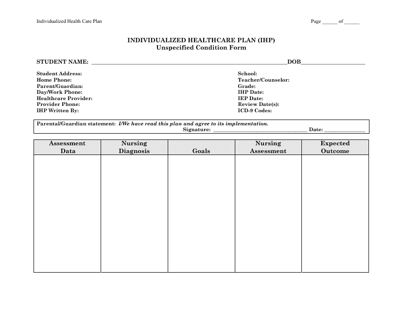 Individualized Healthcare Plan (Ihp) Unspecified Condition Form - New Mexico Download Pdf