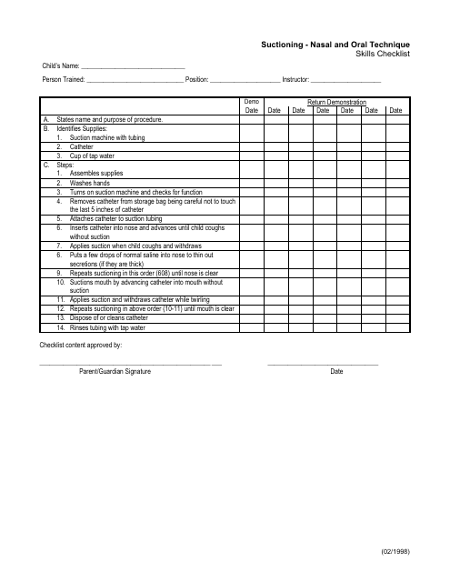 Suctioning - Nasal and Oral Technique Skills Checklist - New Mexico