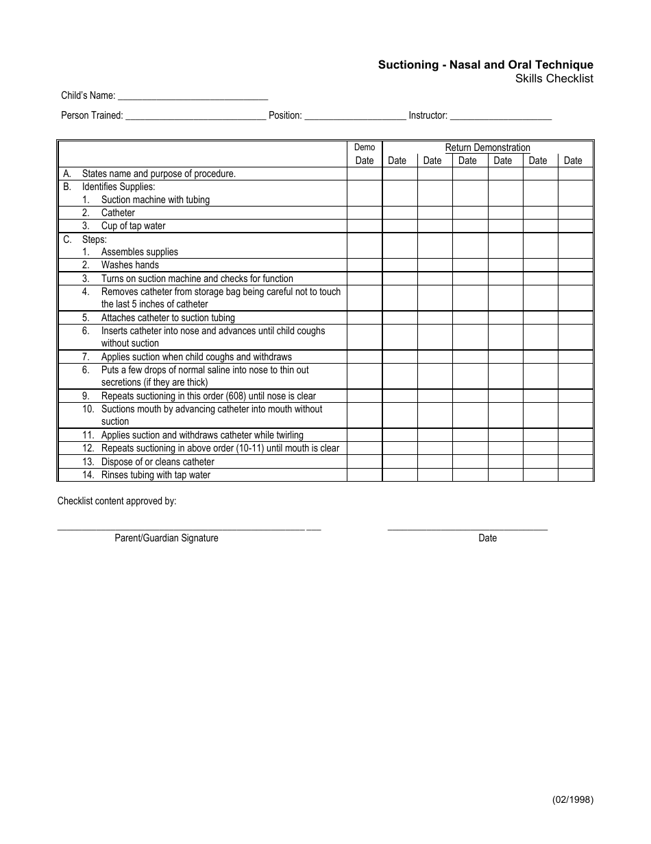 New Mexico Suctioning - Nasal and Oral Technique Skills Checklist ...