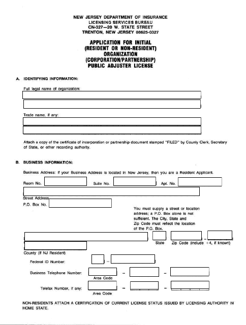 Application for Initial (Resident or Nonresident) Organization (Corporation/Partnership) Public Adjuster License - New Jersey Download Pdf