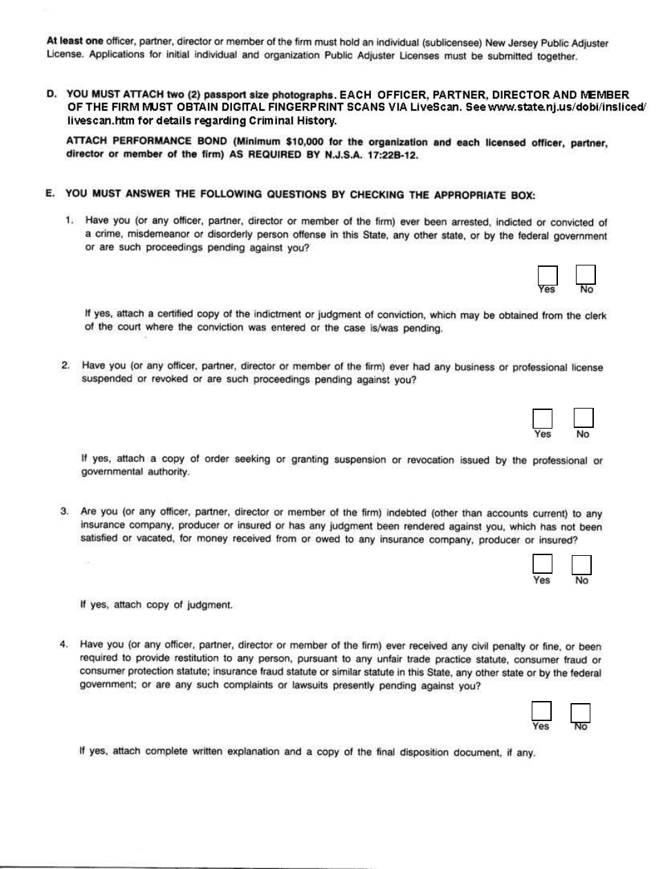 Application for Initial (Resident or Nonresident) Organization (Corporation / Partnership) Public Adjuster License - New Jersey, Page 3