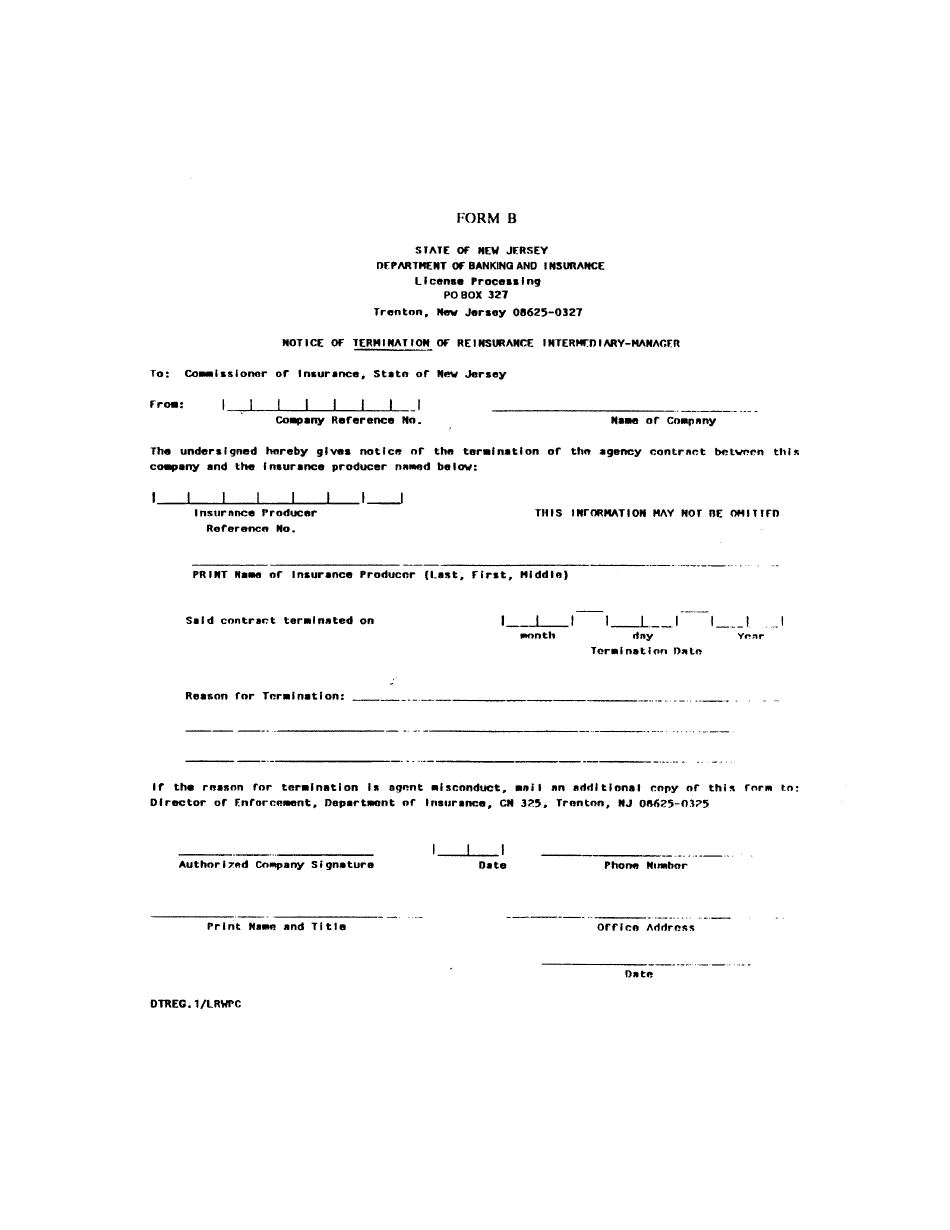 Form B Notice of Termination of Reinsurance Intermediary Manager - New Jersey, Page 1