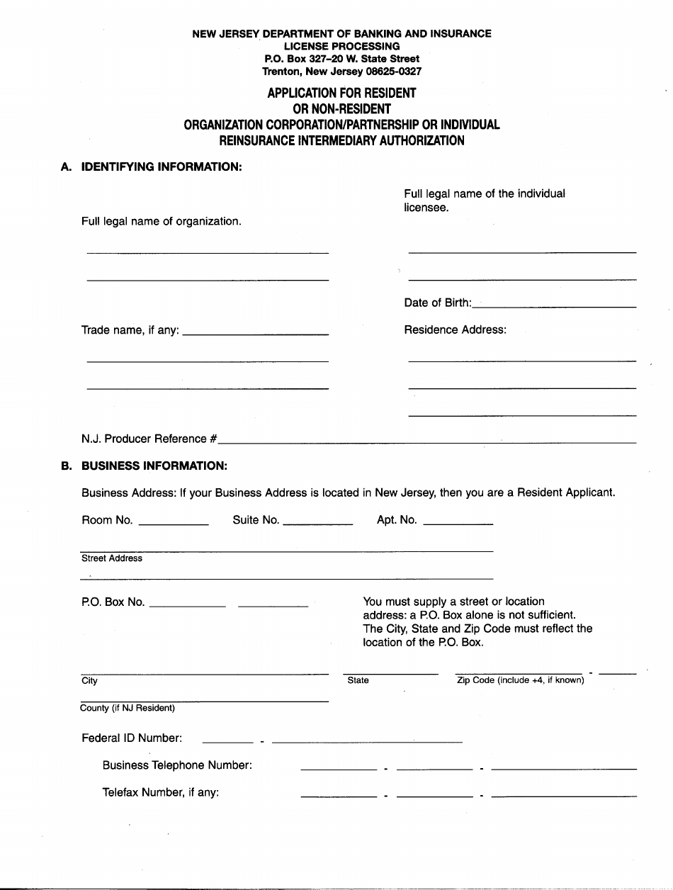 Form C Application for Resident or Nonresident Organization, Corporation / Partnership or Individual Reinsurance Intermediary Authorization - New Jersey, Page 1