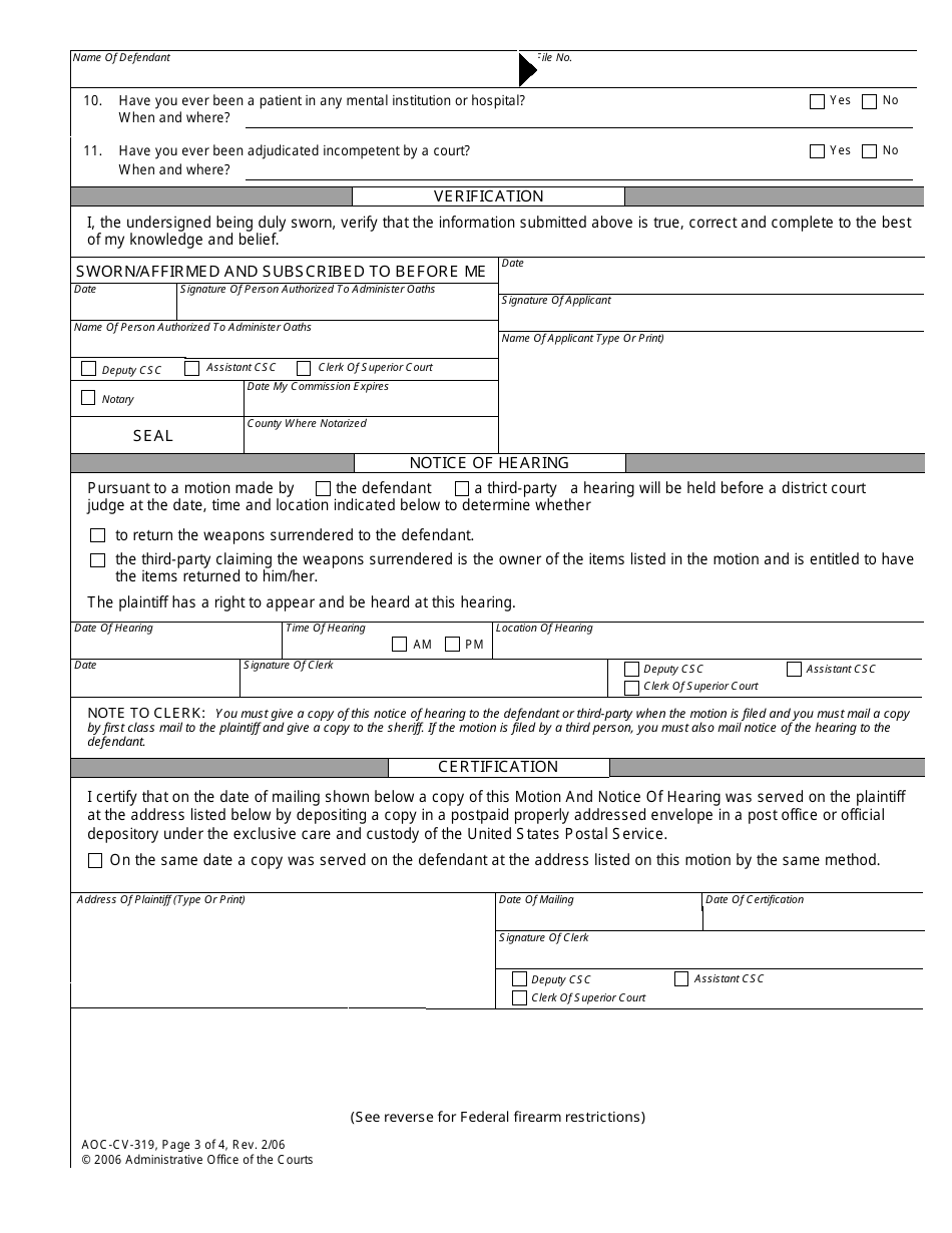 Form AOC-CV-319 Motion for Return of Weapons Surrendered Under Domestic Violence Protective Order and Notice of Hearing - North Carolina, Page 3