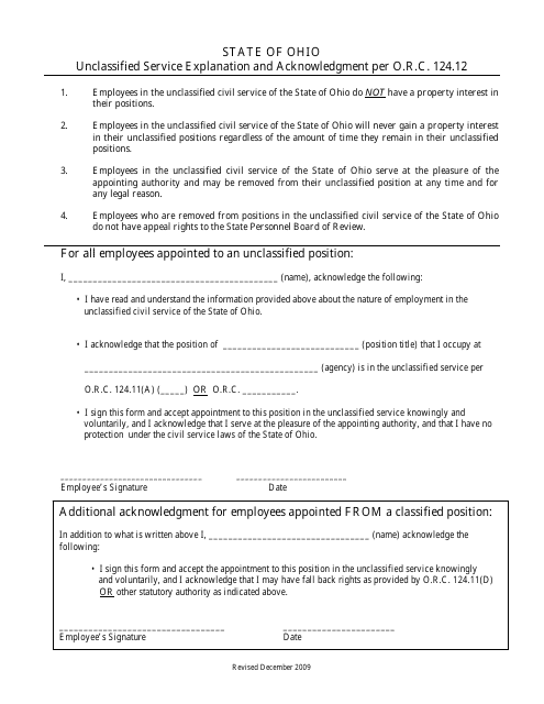 Unclassified Service Explanation and Acknowledgment Per O.r.c. 124.12 - Ohio