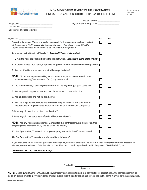 Form A-1102 Contractors and Subcontractors Payroll Checklist - New Mexico