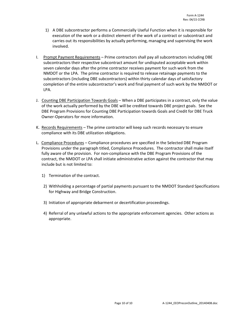 Form A-1244 Nmdot Civil Rights / EEO Pre-construction Conference Outline - New Mexico, Page 10