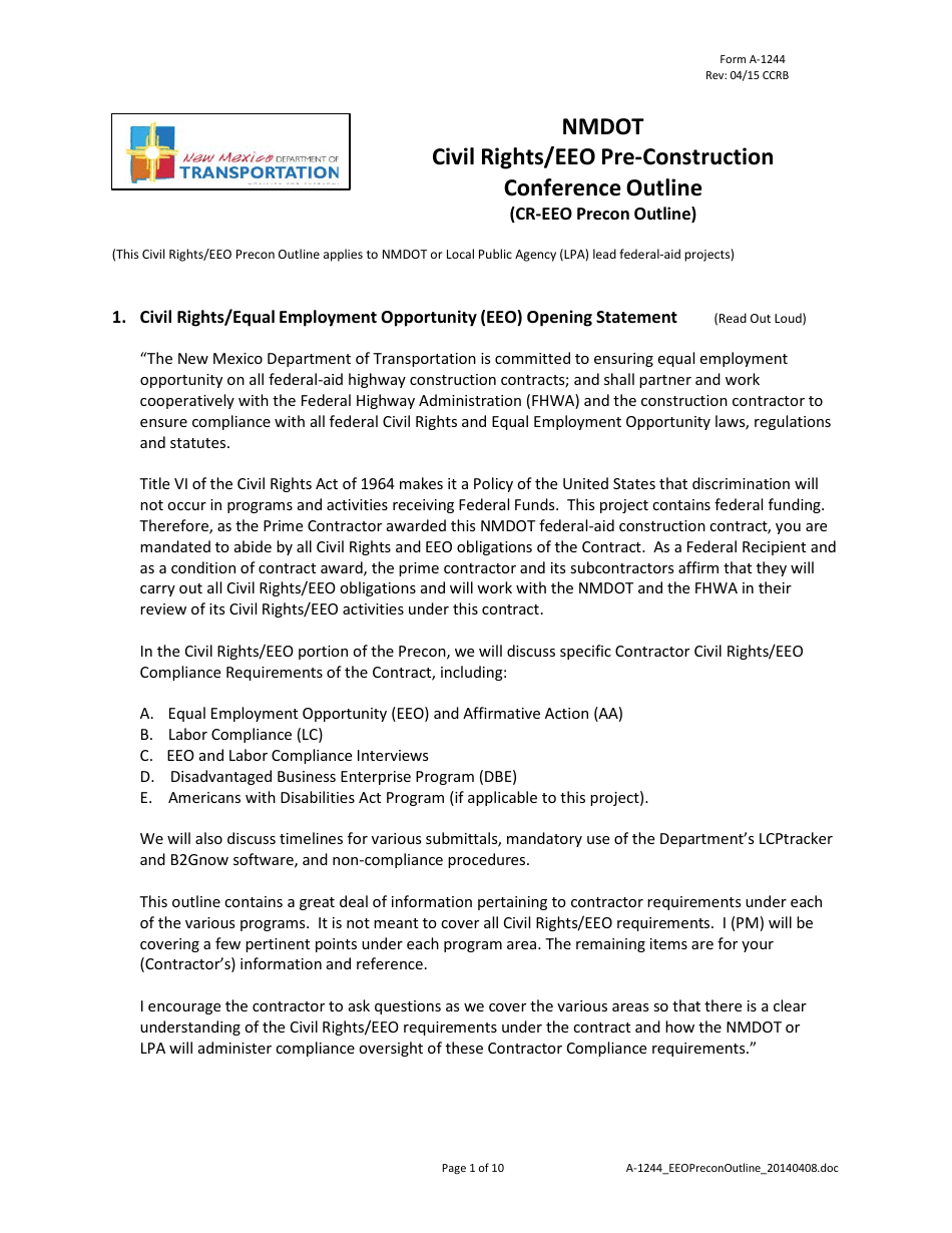 Form A-1244 Nmdot Civil Rights / EEO Pre-construction Conference Outline - New Mexico, Page 1