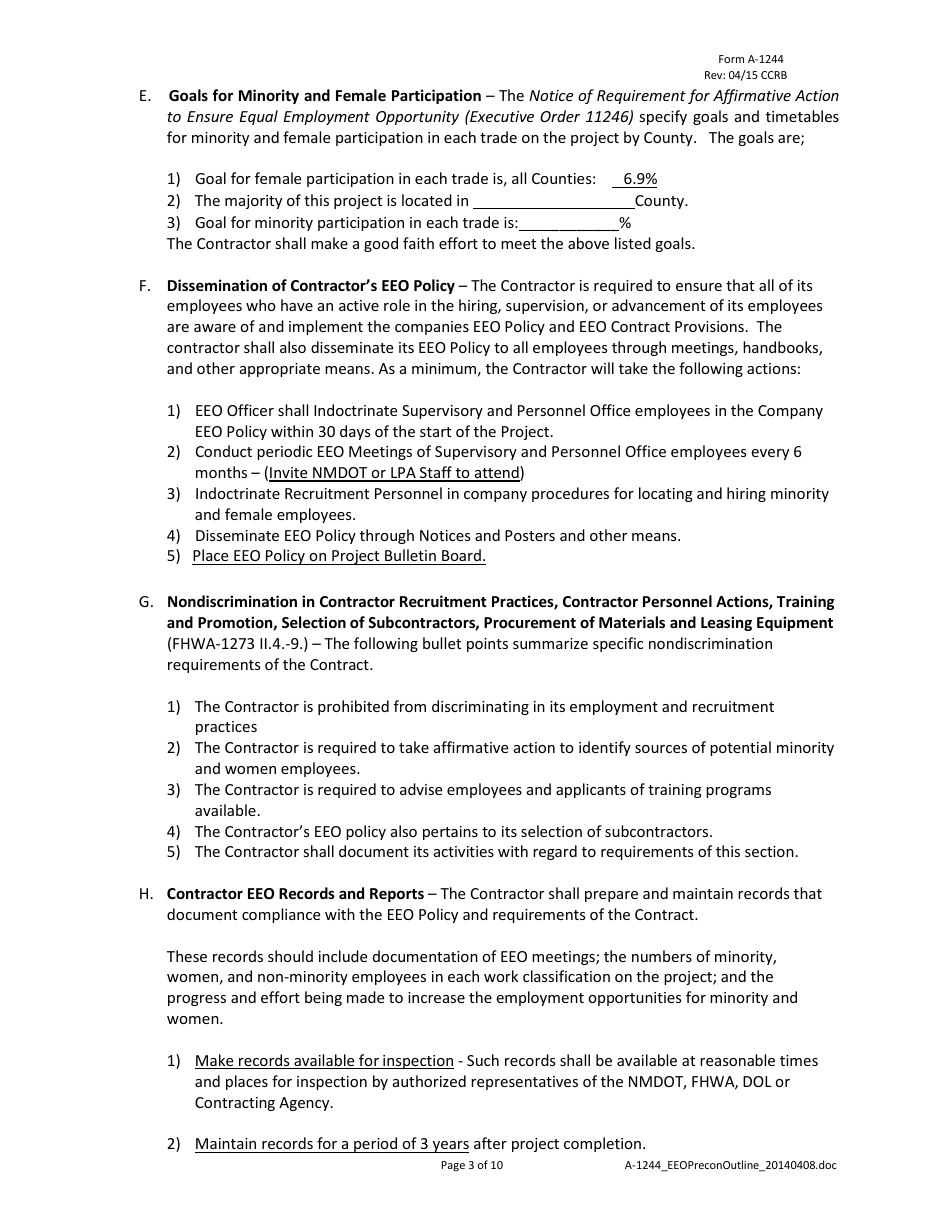 Form A-1244 Nmdot Civil Rights / EEO Pre-construction Conference Outline - New Mexico, Page 3