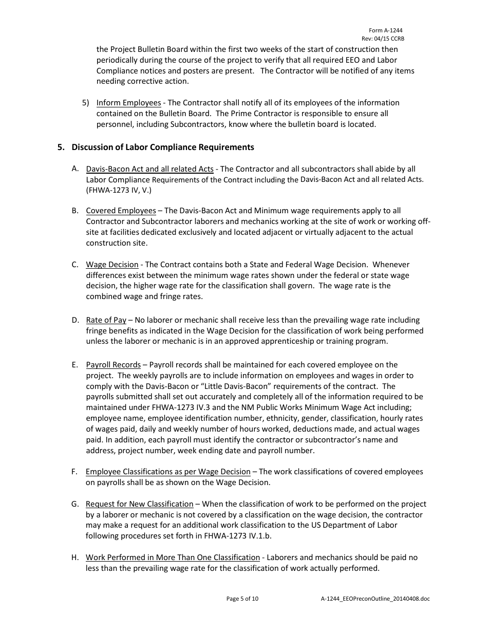 Form A-1244 Nmdot Civil Rights / EEO Pre-construction Conference Outline - New Mexico, Page 5