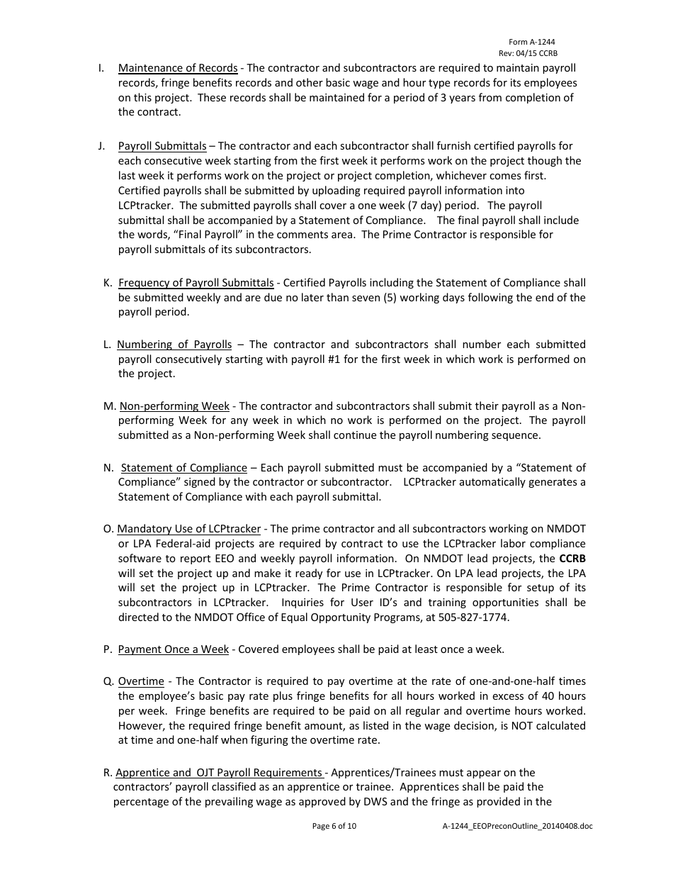 Form A-1244 Nmdot Civil Rights / EEO Pre-construction Conference Outline - New Mexico, Page 6
