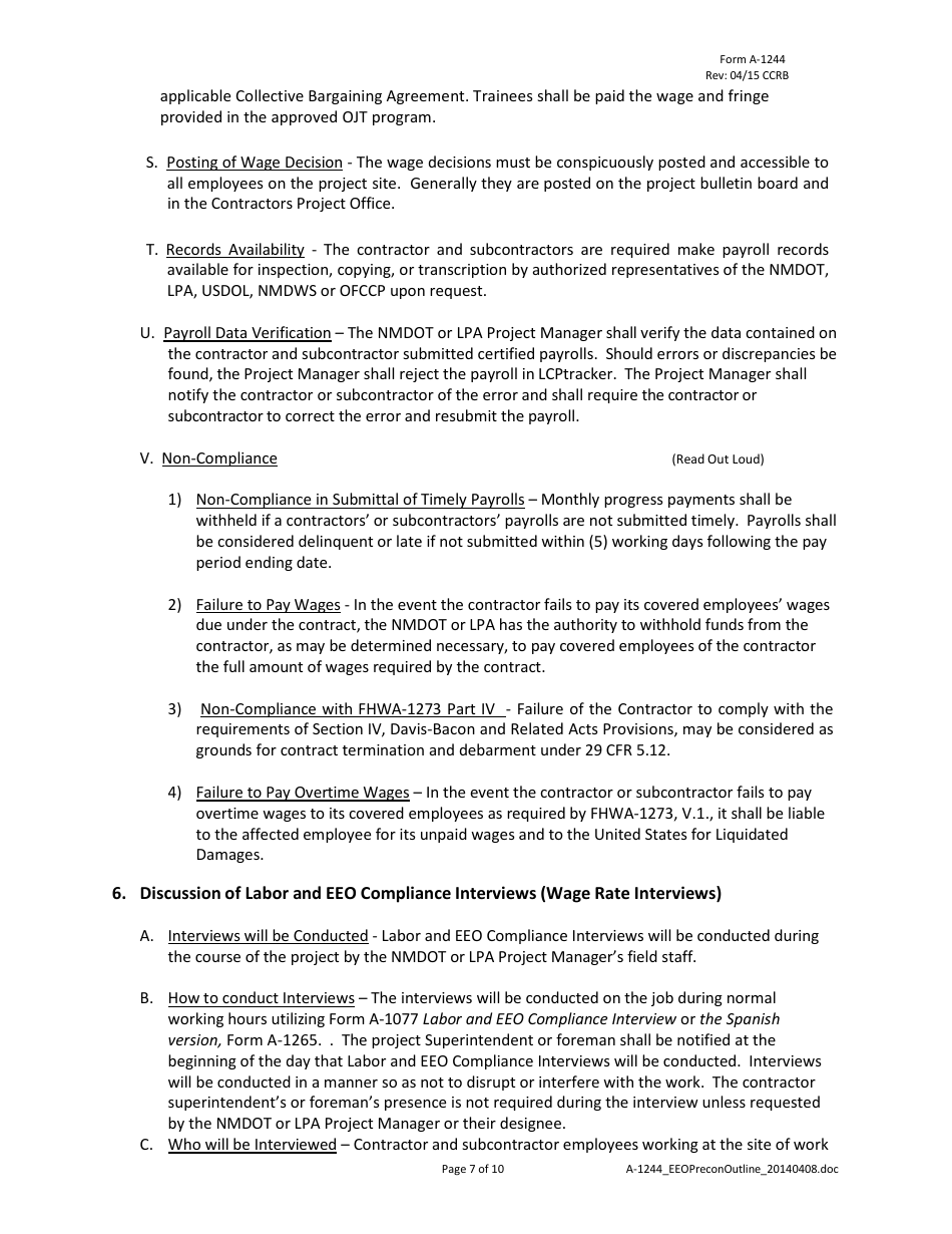 Form A-1244 Nmdot Civil Rights / EEO Pre-construction Conference Outline - New Mexico, Page 7