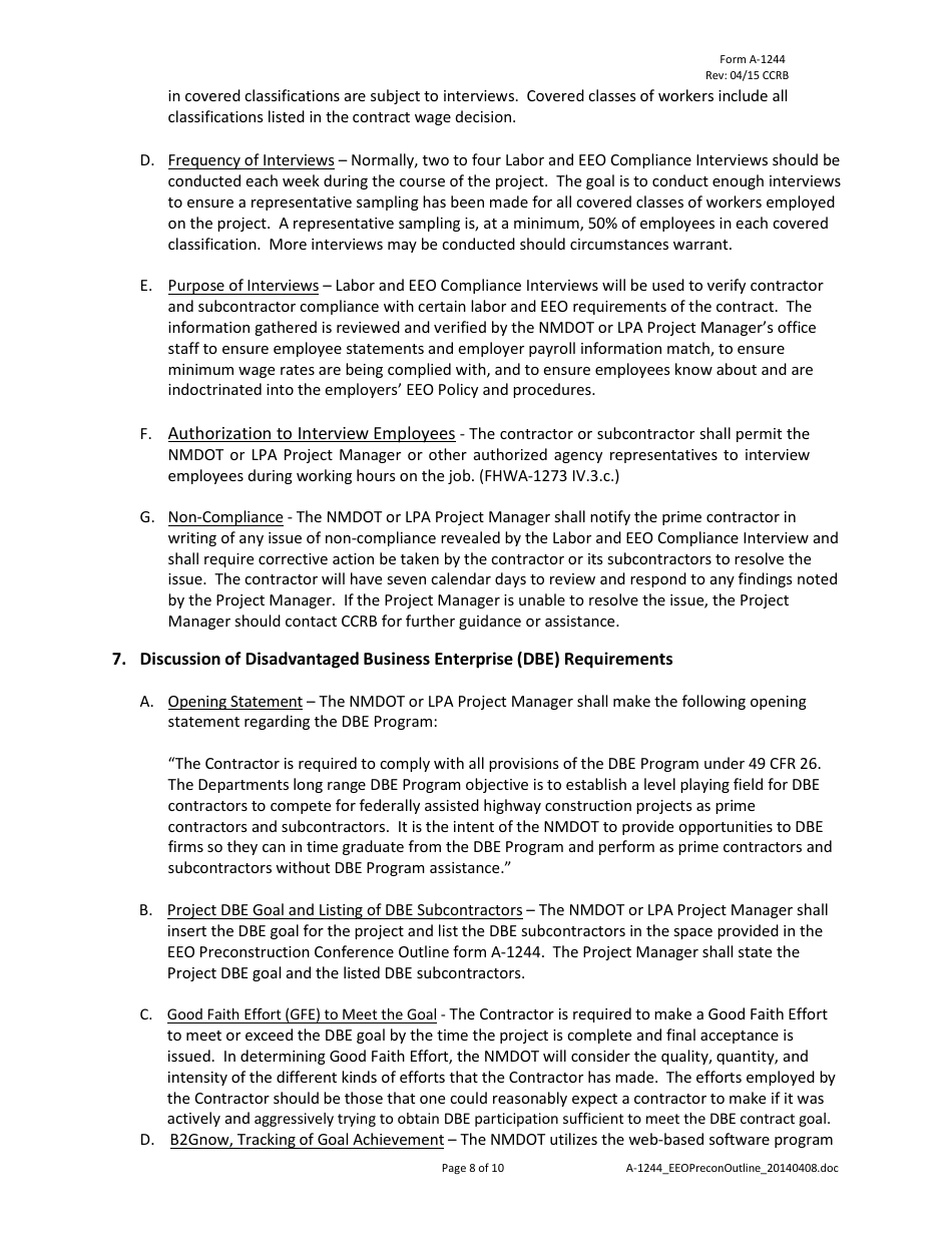 Form A-1244 Nmdot Civil Rights / EEO Pre-construction Conference Outline - New Mexico, Page 8