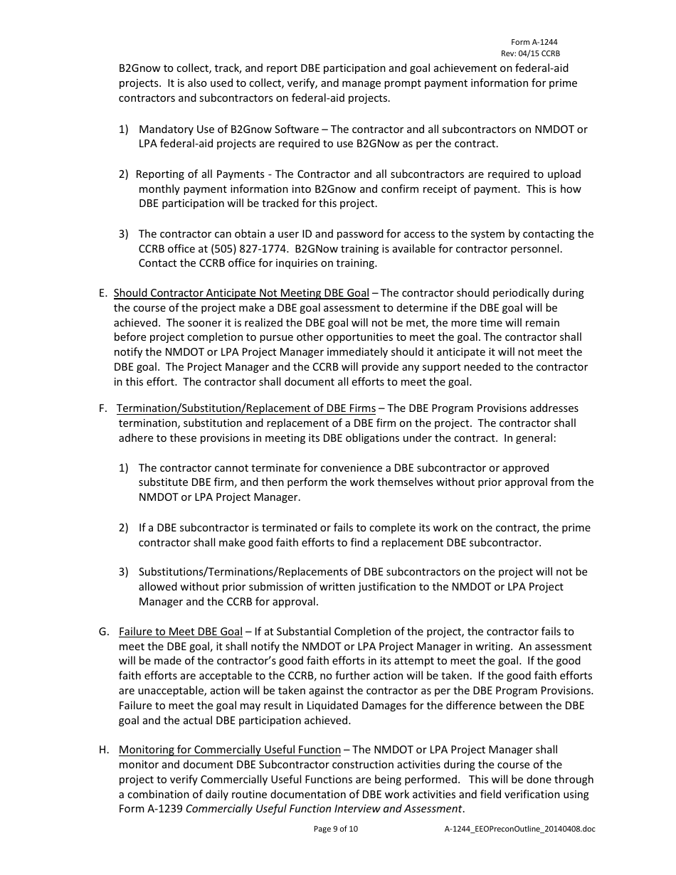 Form A-1244 Nmdot Civil Rights / EEO Pre-construction Conference Outline - New Mexico, Page 9