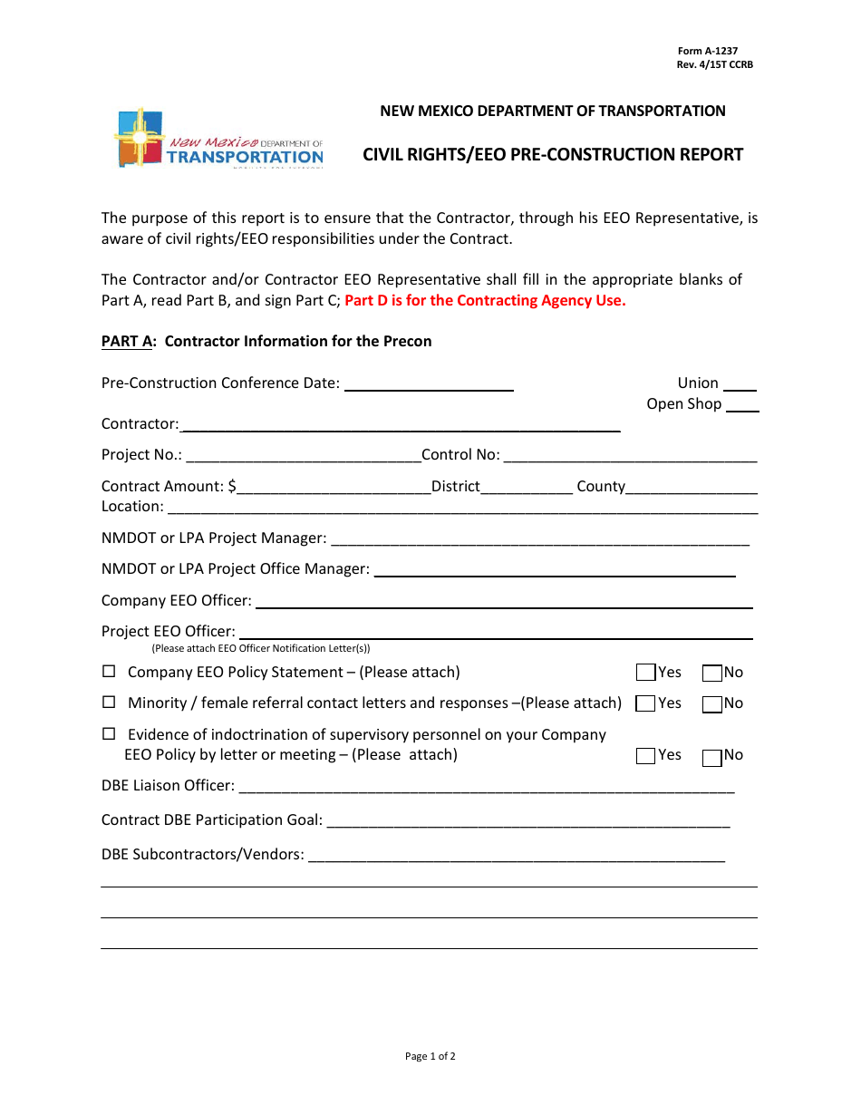 Form A-1237 Civil Rights / EEO Pre-construction Report - New Mexico, Page 1