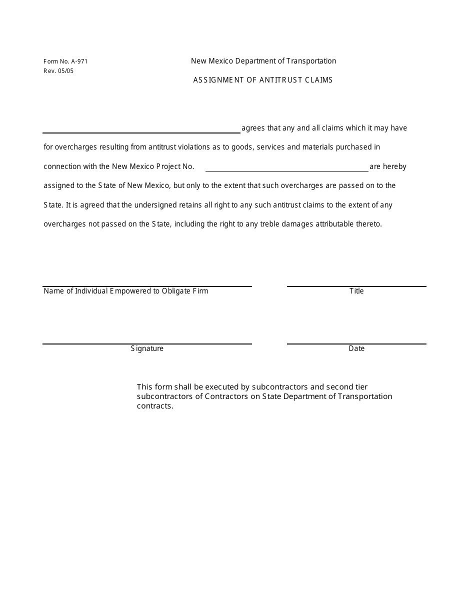 Form A-971 Assignment of Antitrust Claims - New Mexico, Page 1