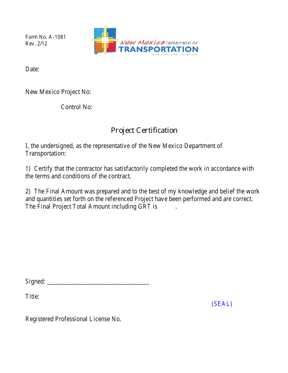 Form A-1081 Project Certification - New Mexico, Page 1