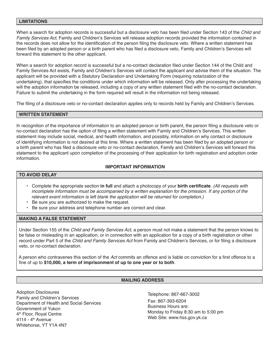 Form YG5654 Application for Service - Pertaining to an Adopted Person or Birth Parent - Yukon, Canada, Page 3