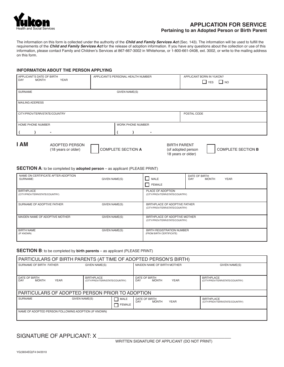 Form YG5654 Application for Service - Pertaining to an Adopted Person or Birth Parent - Yukon, Canada, Page 4
