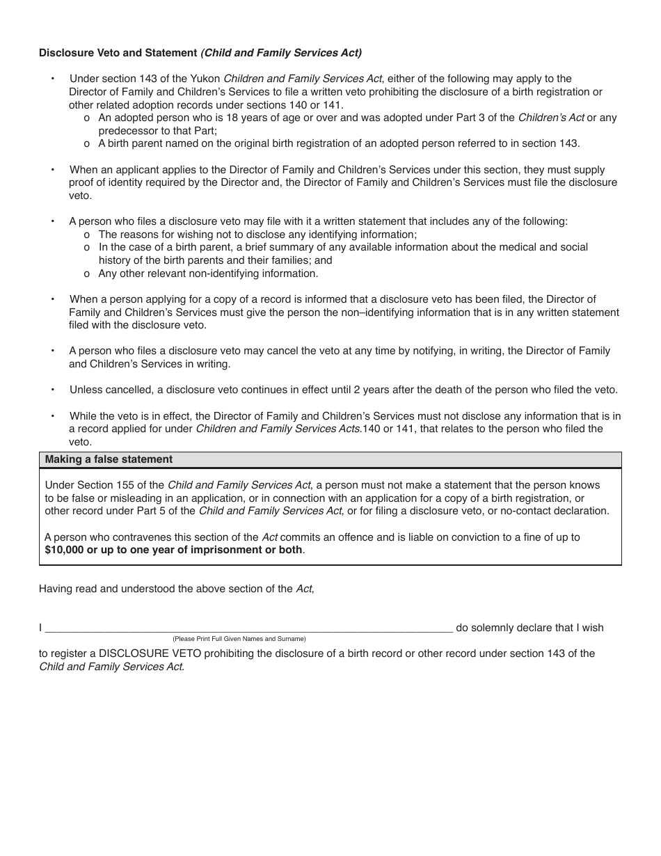 Form YG5655 Disclosure Veto and Statement Pertaining to an Adopted Person or Birth Parent - Yukon, Canada, Page 3