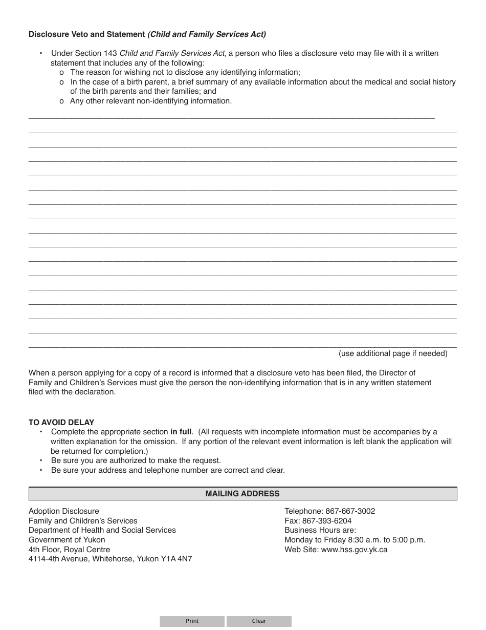 Form YG5655 Disclosure Veto and Statement Pertaining to an Adopted Person or Birth Parent - Yukon, Canada, Page 4