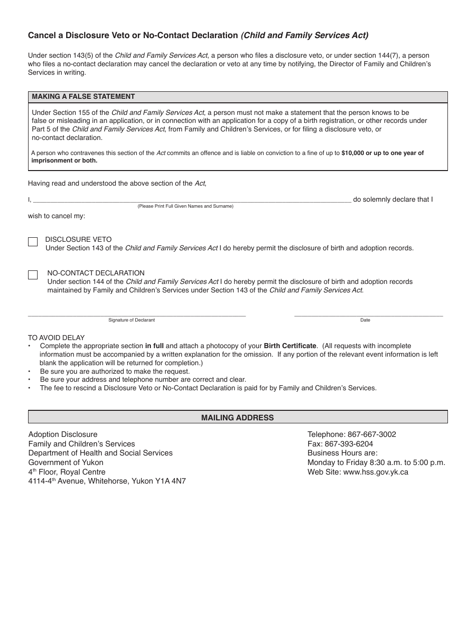 Form YG5652 Cancel a Disclosure Veto or No-Contact Declaration for Adoption Pertaining to an Adopted Person or a Birth Parent - Yukon, Canada, Page 3