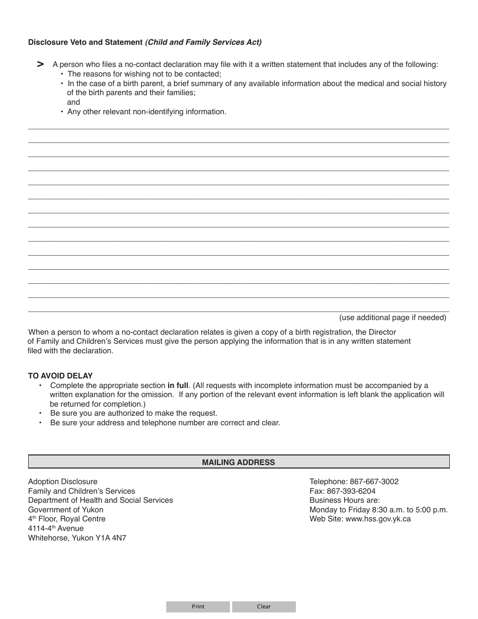 Form YG5653 No-Contact Declaration and Statement - Pertaining to an Adopted Person or Birth Parent - Yukon, Canada, Page 4